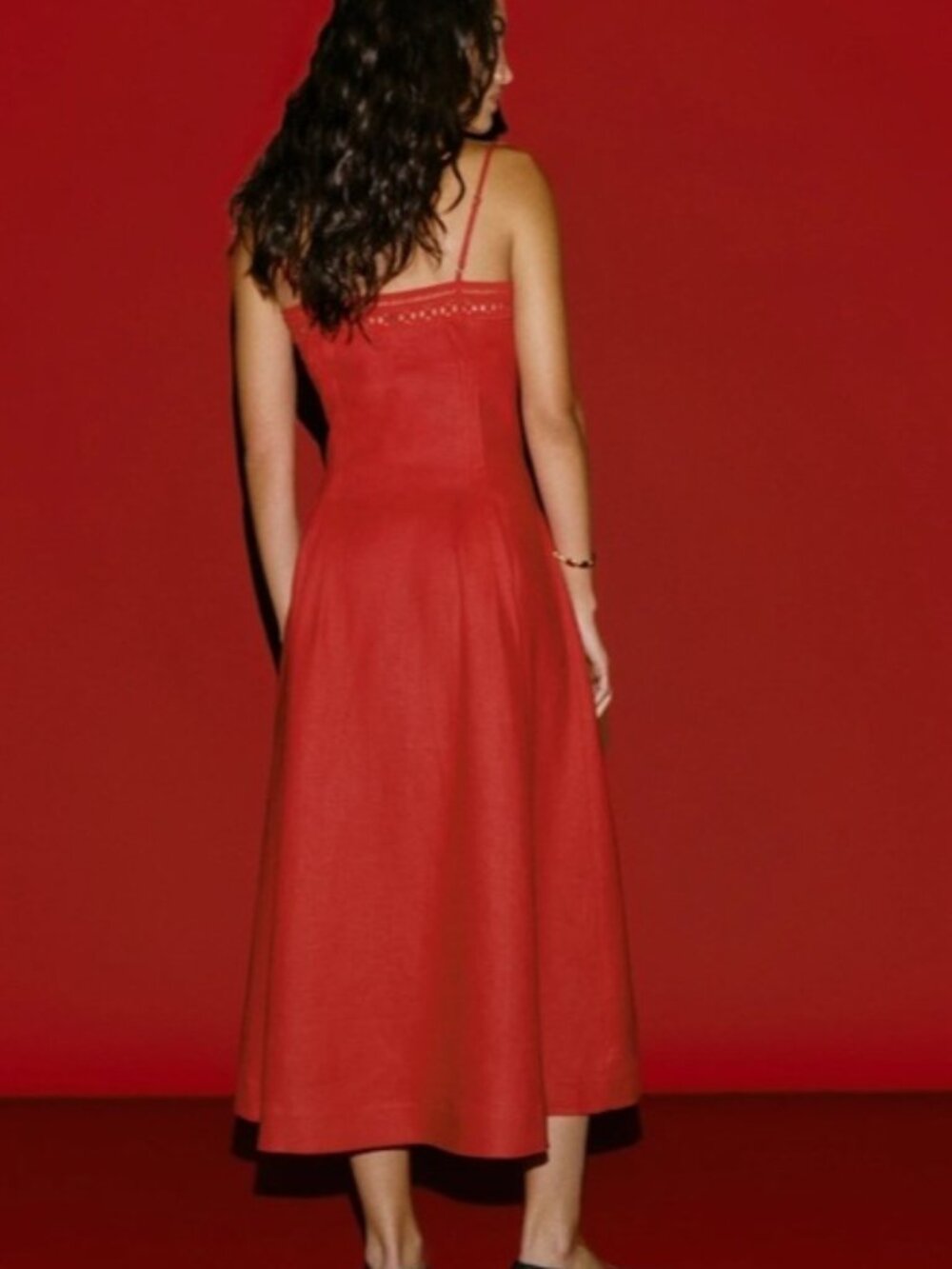 NEW Reformation Pomona Linen Lace Trim Midi Dress Lipstick Red | US 6 UK 10 - Picture 4 of 12